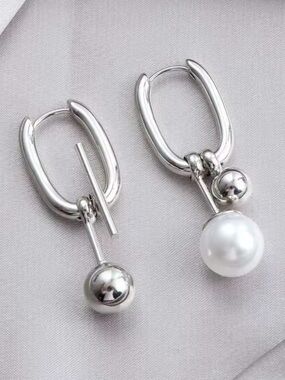 Silver Hoop Earrings with White Pearl Drop